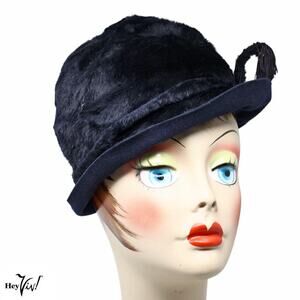 Vintage Blue Black Faux Fur Hat w Side Tassel Original by Dajon Costume- Hey Viv